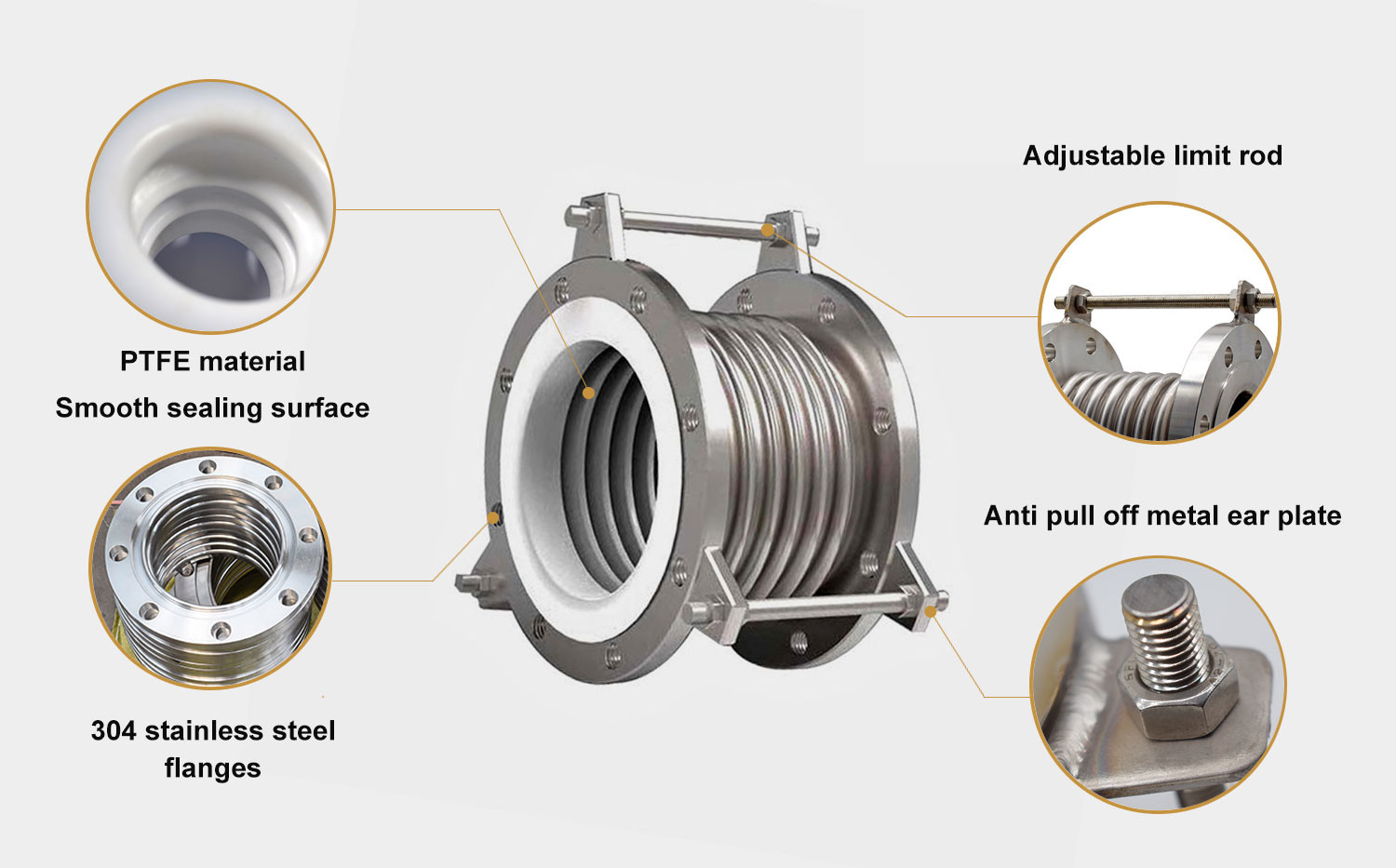 PN10 PN16 PTFE Lined Bellows Compensator High Temperature Resistant