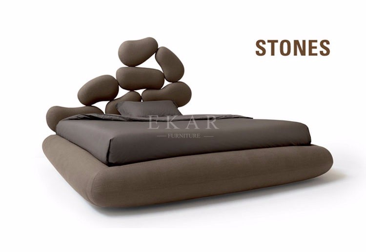 Wooden Frame Unique Shaped Upholstered Headboard Latest Double Bed Design