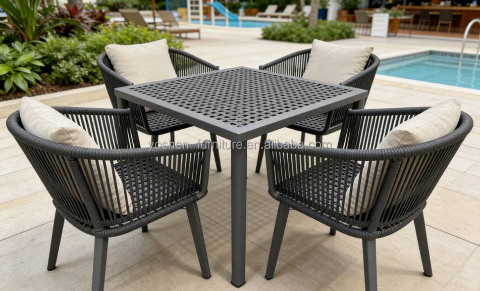 Beige Rope Woven Outdoor Dining Arm Chair with Aluminum Frame for Patio and Garden