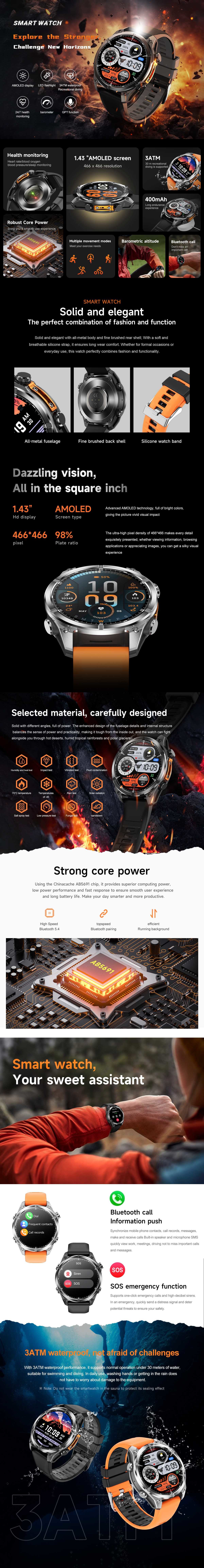 HD300 AMOLED Screen 30M Deep Waterproof Sport Smart Watch Health Monitor BT Calling