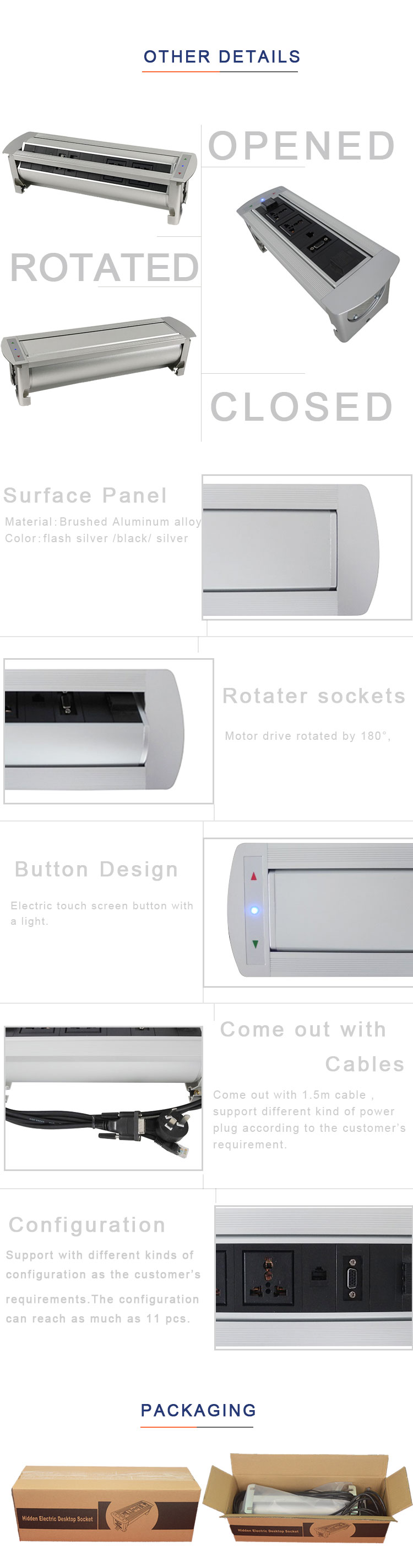 Sliver color smart furniture hidden desktop power socket box