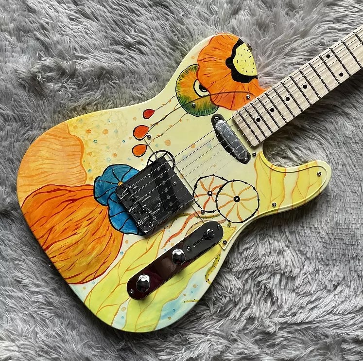 Custom Fender Style TLEE Electric Guitar Yellow Color Lotus Maple Fretboard Fixed Bridge