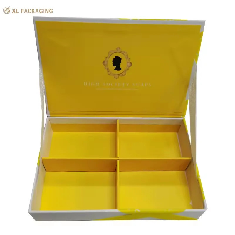 Yellow Velvet Finish Resin Logo Cosmetic Paper Box with Magnetic Closure and 4-Compartment Design for Skin Care Packaging