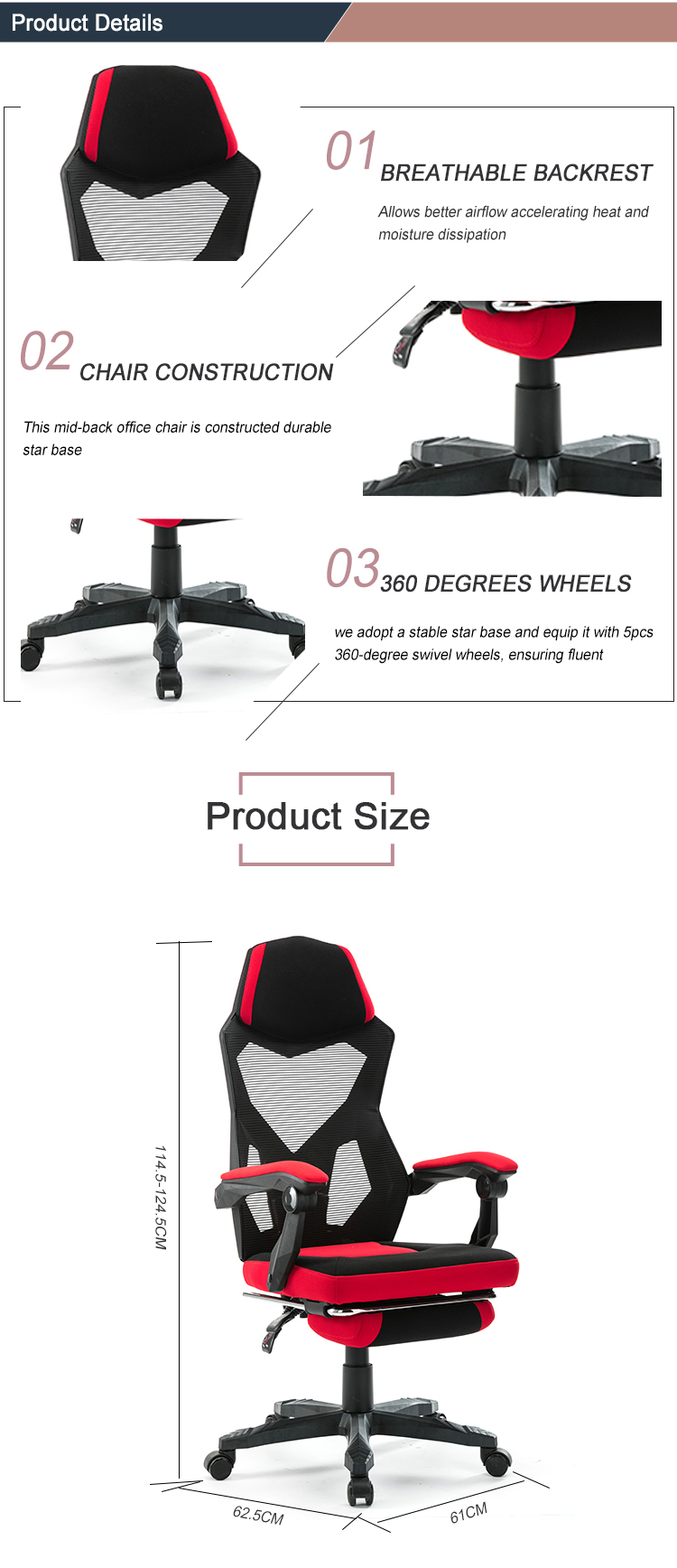 Multi-function Revolving Computer Desk Chair with Footrest and Fabric Material