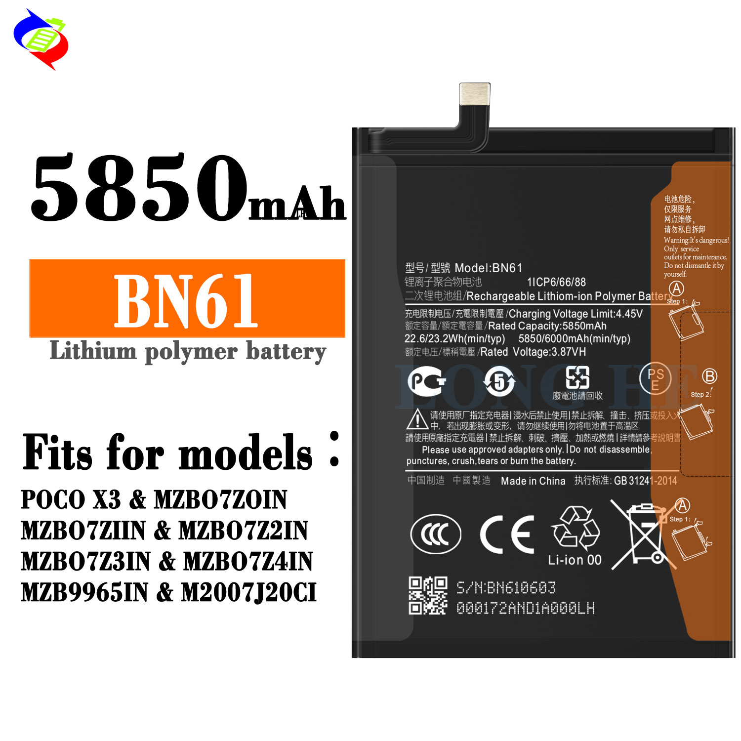 Black Rechargeable Lithium-ion Polymer Battery BN61 for MI POCO X3 8GB RAM 6000mAh 3.87V