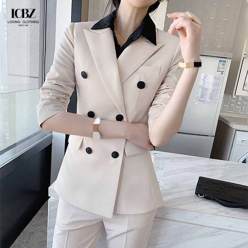 Nonwoven Women's Office White Dress Suit 2023 Top and Pants with Single Button Blazer