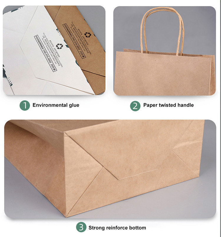 Khaki White Food Takeaway Kraft Paper Brown Shopping Bags With Handle Bulk