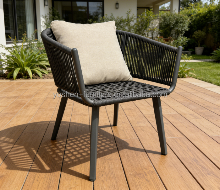 Beige Rope Woven Outdoor Dining Arm Chair with Aluminum Frame for Patio and Garden