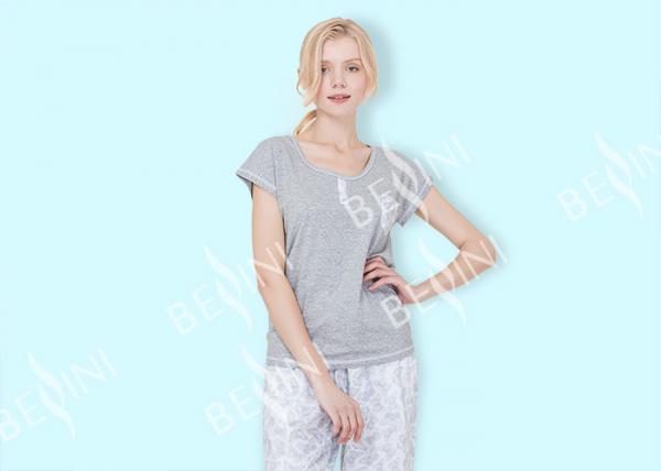 Buy Spring Summer Grey Womens Pyjama Sets With Woven Viscose Cotton Printed Long Pants at wholesale prices