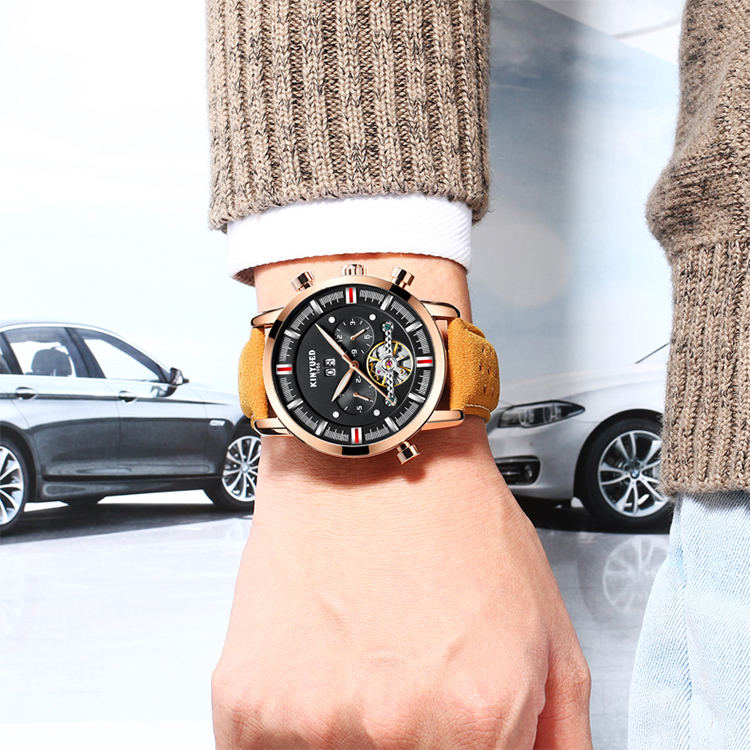KINYUED J019-6 Tourbillon automatic mechanical genuine leather business waterproof men watches