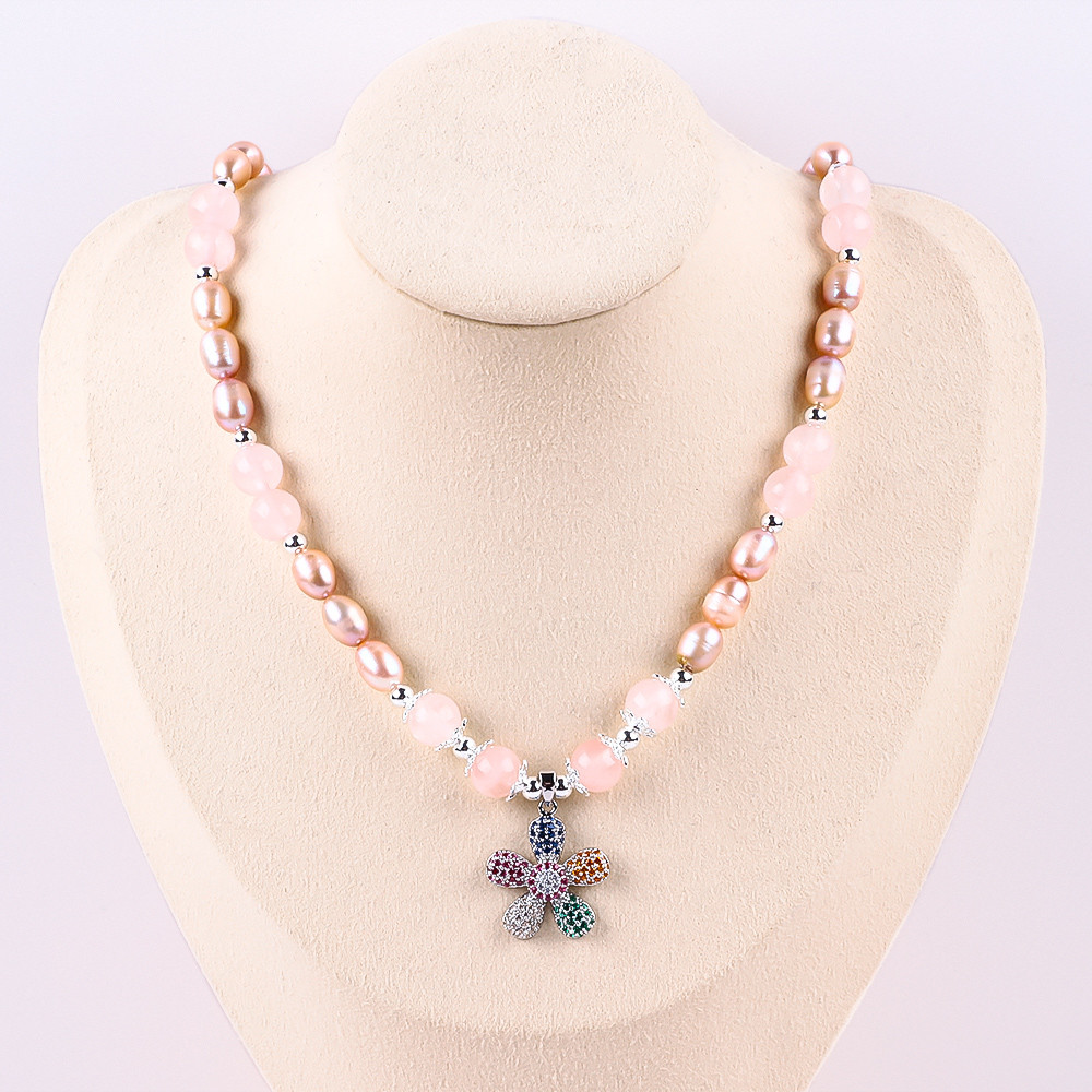 Fresh Water Pearl Necklace Rose Quartz 6mm Beads Crystal Sweater Necklace