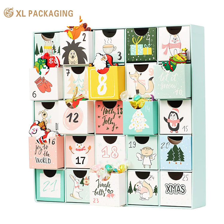 Custom Design Christmas Cosmetic Advent Calendar Box 24 Days Calendar Paper Packaging Chocolate Cookies Candy Gift Box