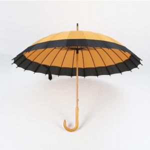Quality Ladies Curved Handle Umbrella With Wood Pole And Handle Orange And Black Canopy for sale