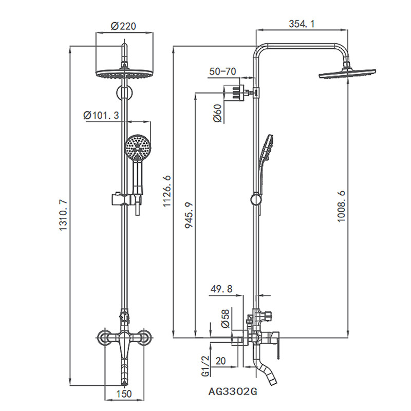 ARROW AG3302G Hand Shower Mixer Set , D 354mm Rainfall Shower Faucet Set