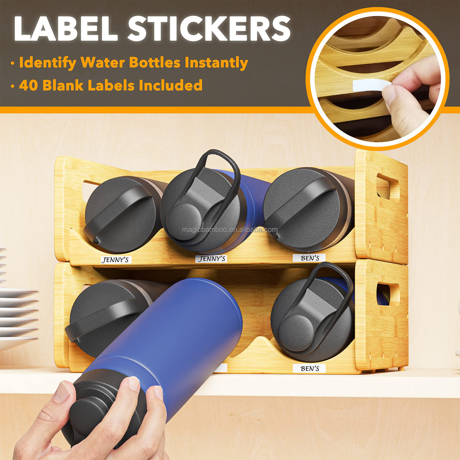 BAMBOO Water Bottle Organizer With Labels Non-folding Rack for Kitchen Pantry and Cabinets