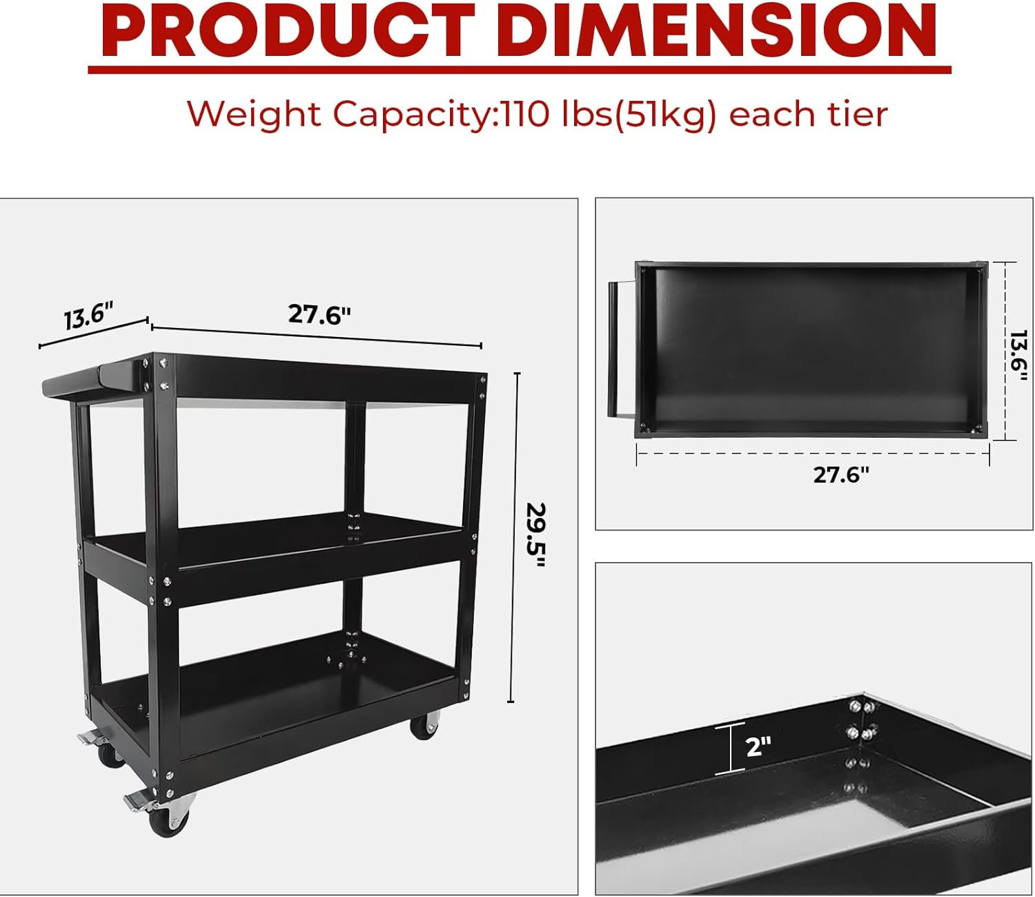 Heavy Duty 3-Tier Mechanic Storage Cart Utility Cart with Handle Bar and Brake Wheels
