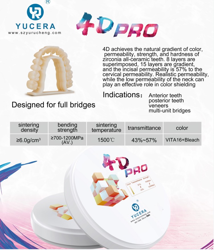 Artificial Teeth Making Material Multilayer Preshaded 4D Pro Zirconia Discs for