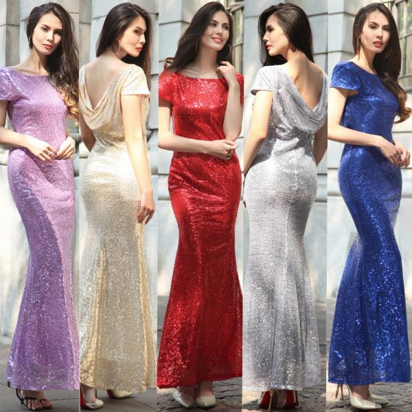 Buy hot sale polyester short sleeve long women Bodycon evening beaded dress with gold sequin in red blue purple gray beige at wholesale prices
