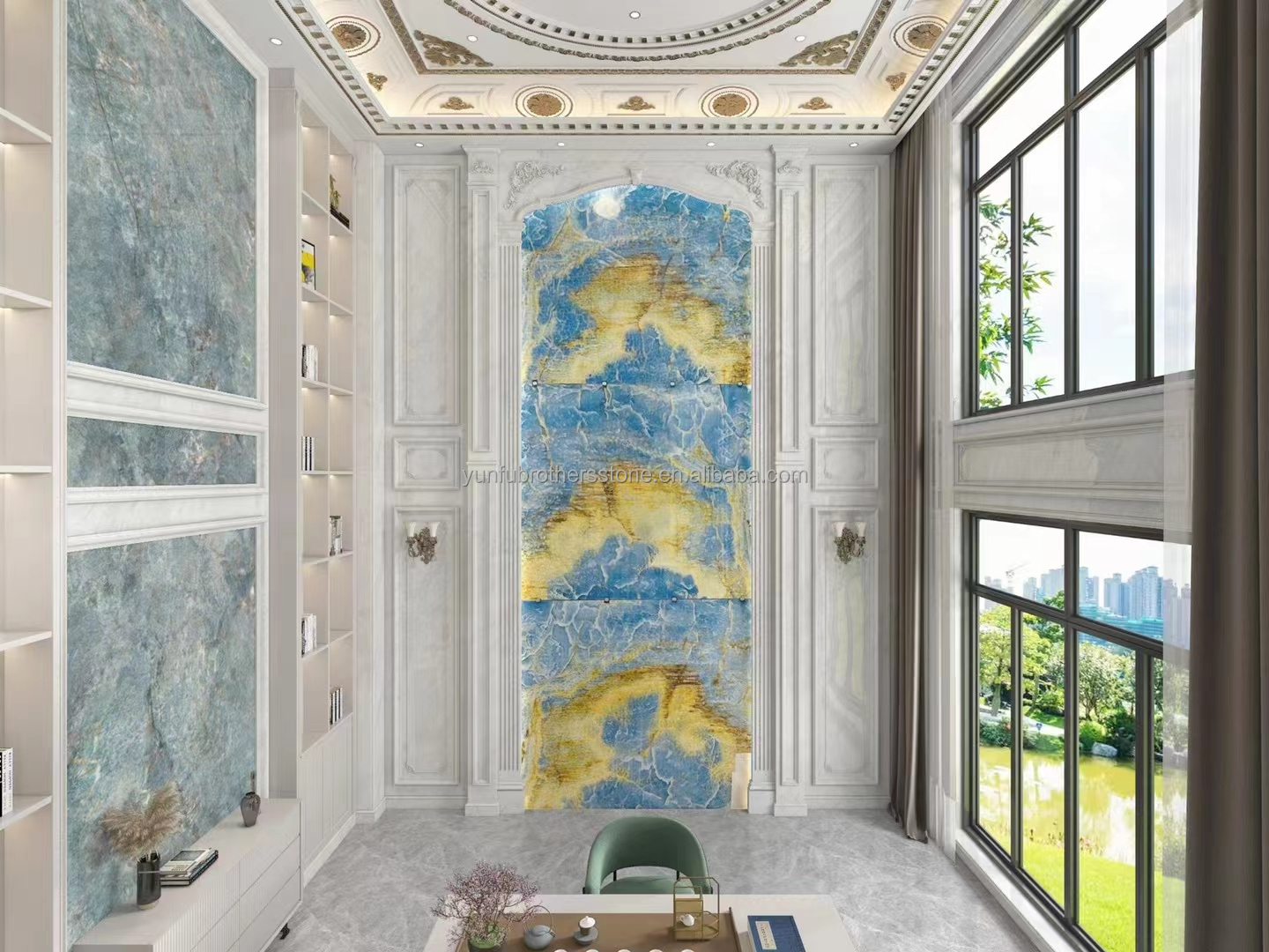 Blue Golden Onyx Stone Slabs Natural Translucent Marble for TV Background Wall Panels