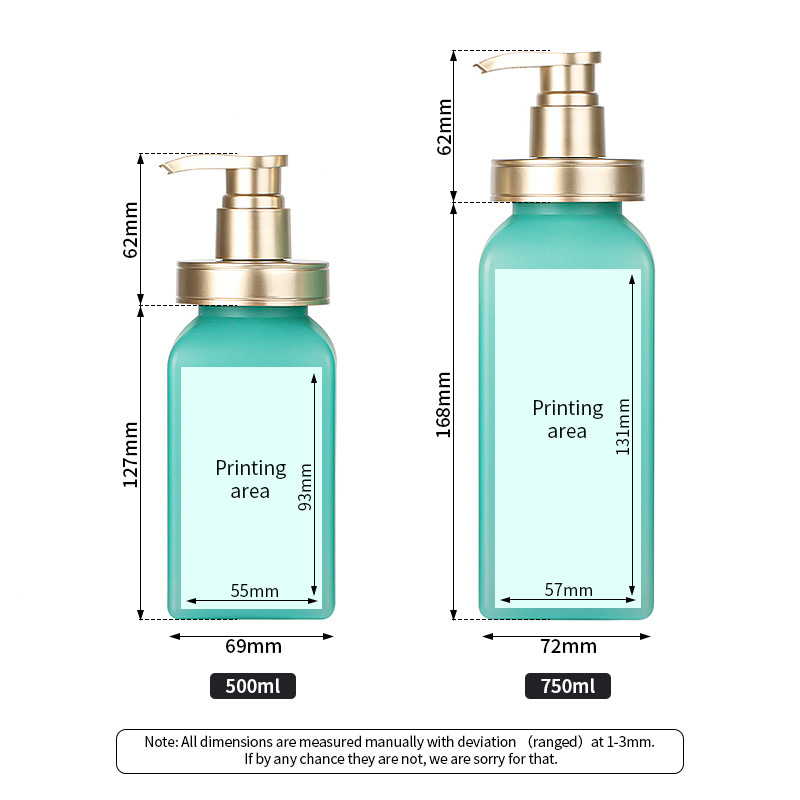 Luxury Gold Top Press Pump Green Body Lotion Container Packaging Plastic Shampoo Square Bottle