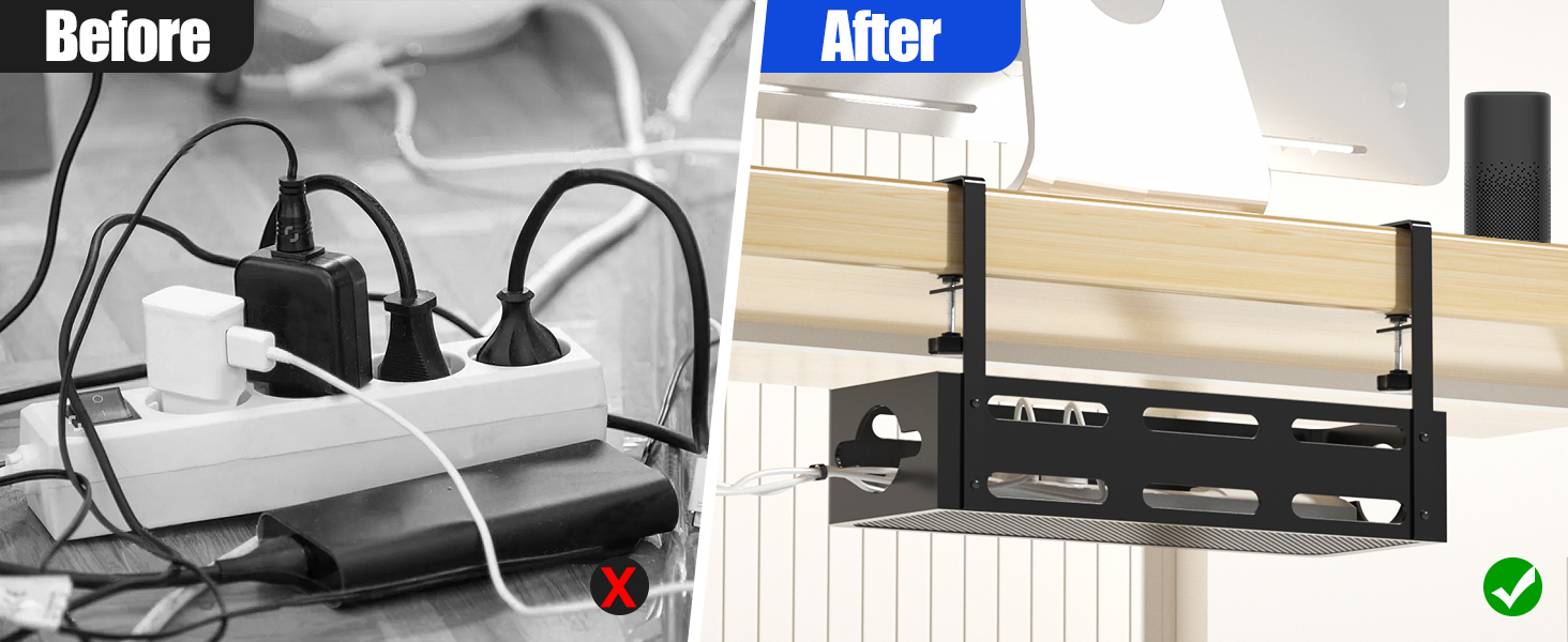 Space-saving Under Desk No Drill Cable Management Tray with Metal Wire Management Box