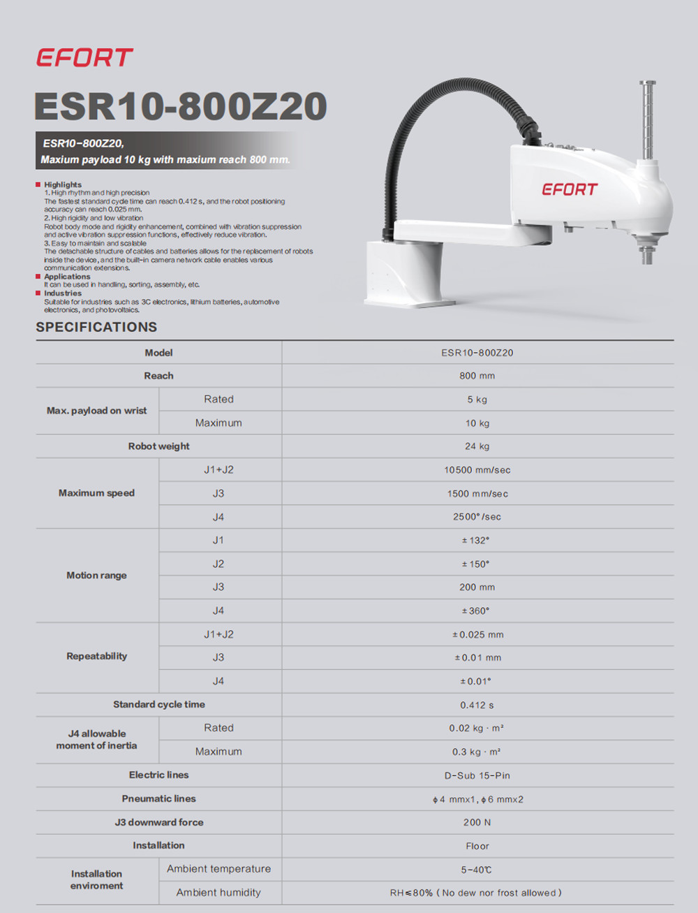 SCARA Robot In Handling Sorting Assembling For 3C Electronics Lithium Batteries Automotive Electronics ESR10-800Z20