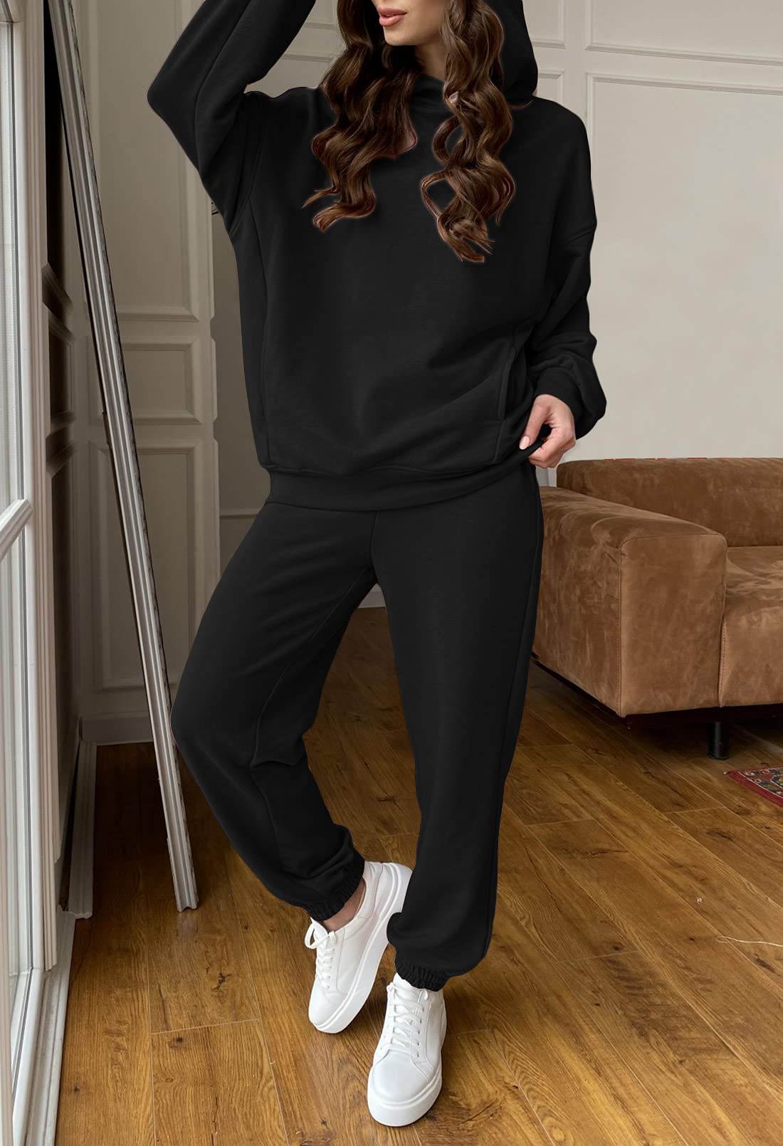 Solid Pattern Women's Long Sleeve Sweatshirts Jogger Pant Set with Customized Graphic