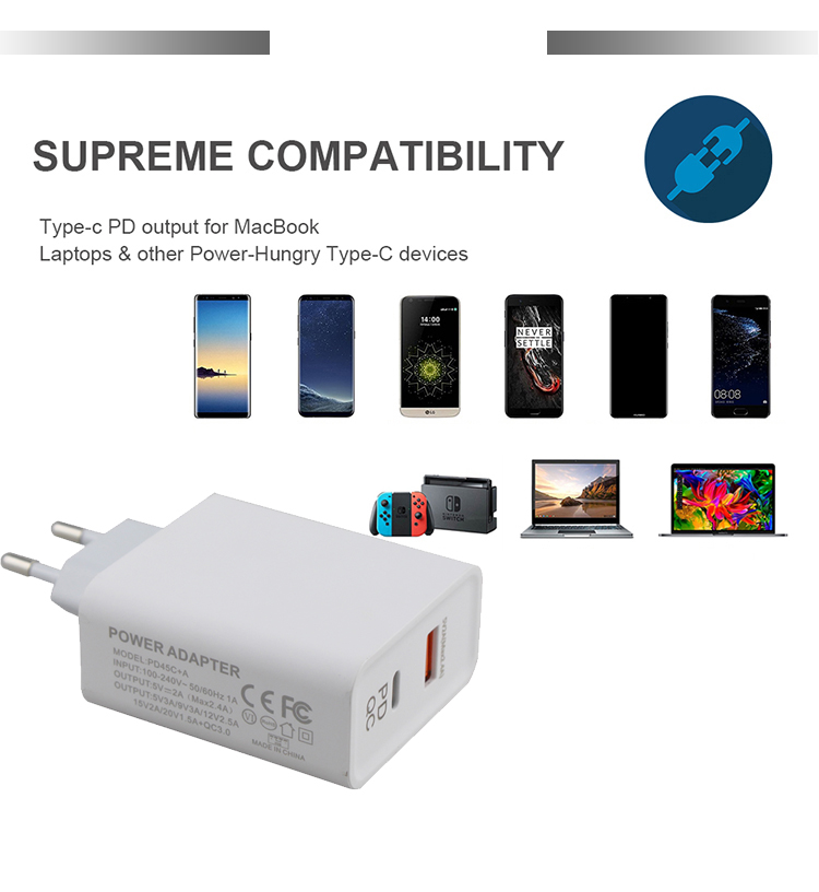 240V 45W QC 3.0 Wall Plug Power Supply Adapter For Euro Usb C 2m Cable