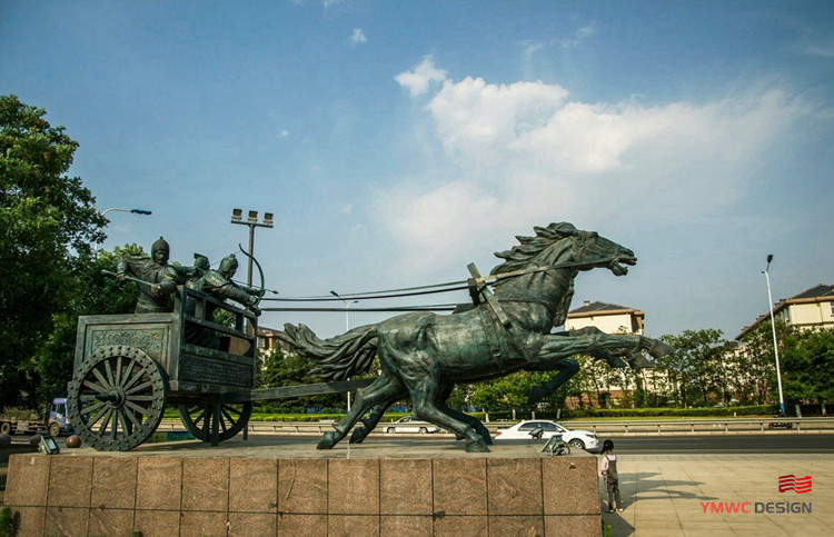 Custom Print Method Bronze Carriage Sculpture with Four Horses in Urban Landscape