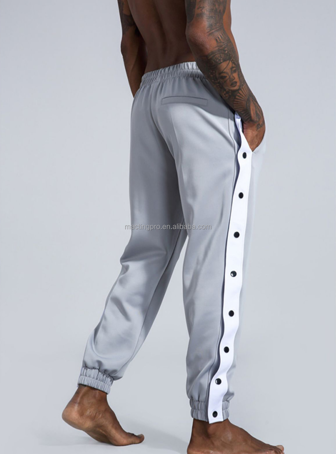 Custom Men's Side Buttons Striped Basketball Training Polyester Open Leg Sweatpants