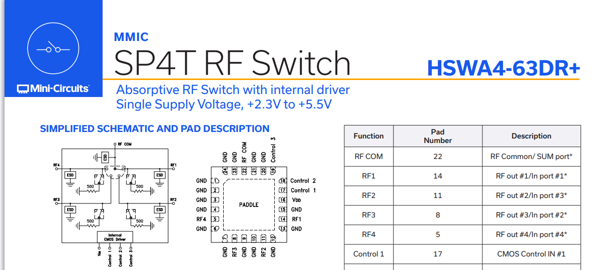 HSWA4-63DR+ Absorptive SP4T, SMT Solid State Switch, 30 - 6000 MHz, 50Ω