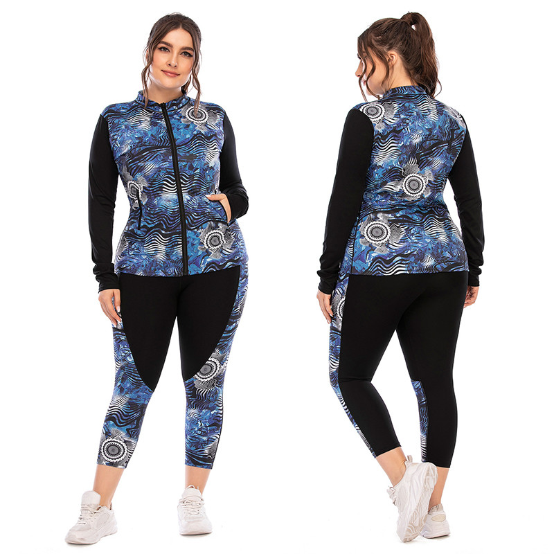 Stand Collar Plus Size 3 Piece Yoga Sets Side Pocket Squat Proof Womens Gym Set