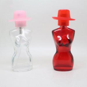 Quality red women body shape glass perfume bottle with plastic cap for sale