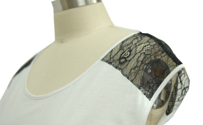 Contract Color Ladies Tank Tops Crew Neck Casual Shirt Lace Shoulder