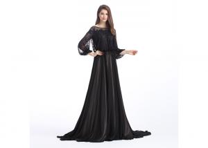 Quality Black Lace Chiffon Embroidery Evening Dresses Sweep Train Style Dry Cleaning for sale