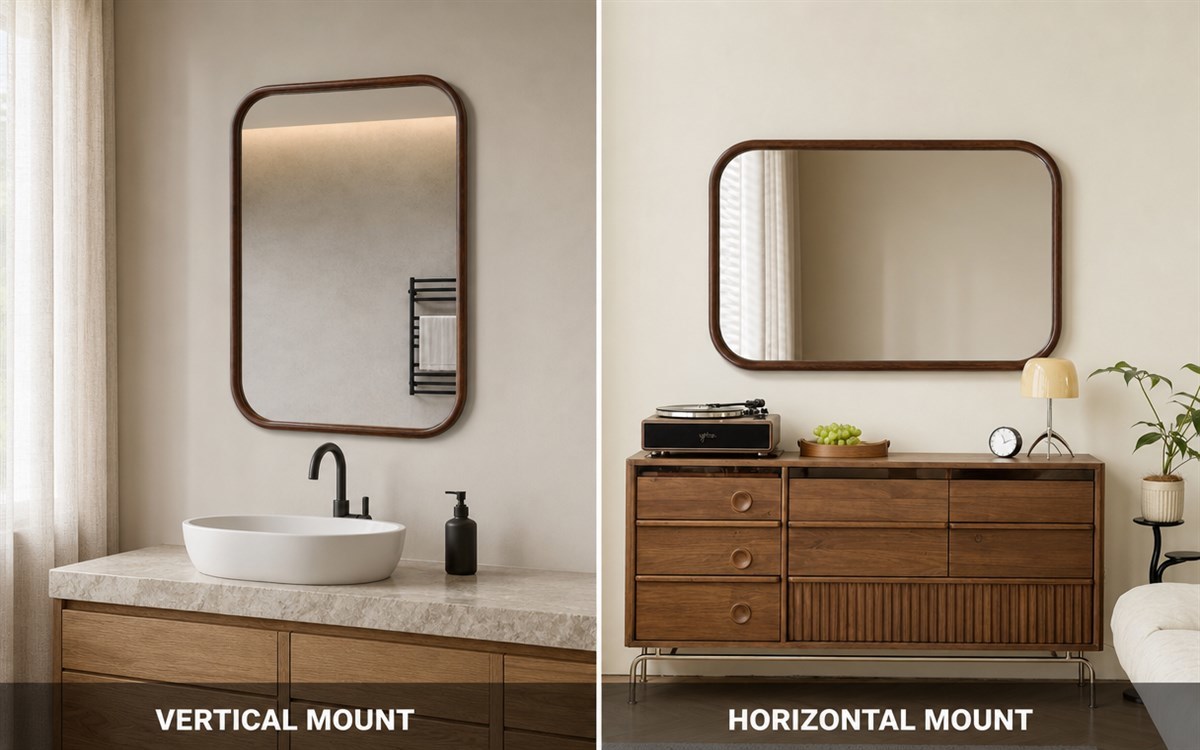 Rounded Rectangle Wood Frame Wall Mirror with 5MM Copper-free Silver Mirror for Vertical & Horizontal Mount