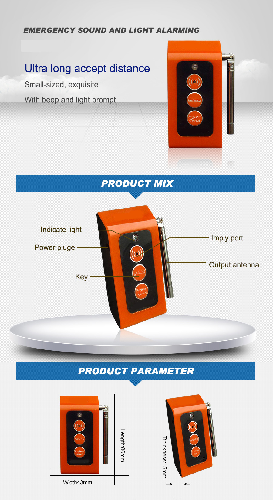 Wireless family ultra long accept distance emergency alarming bell with super thin call button