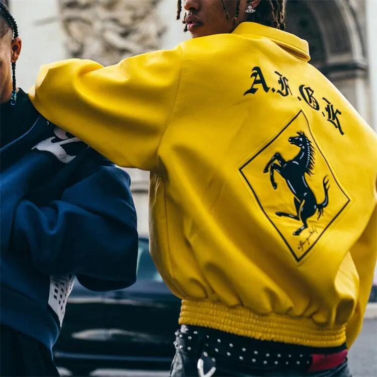 Black Yellow Leather Versity Jacket for Men Manufacturer Bulk Bomber Plus Size Men&prime;s Letterman Varsity Jackets