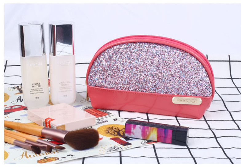 Portable Makeup Pouch Waterproof Glitter PU Travel Bag For Women Girls
