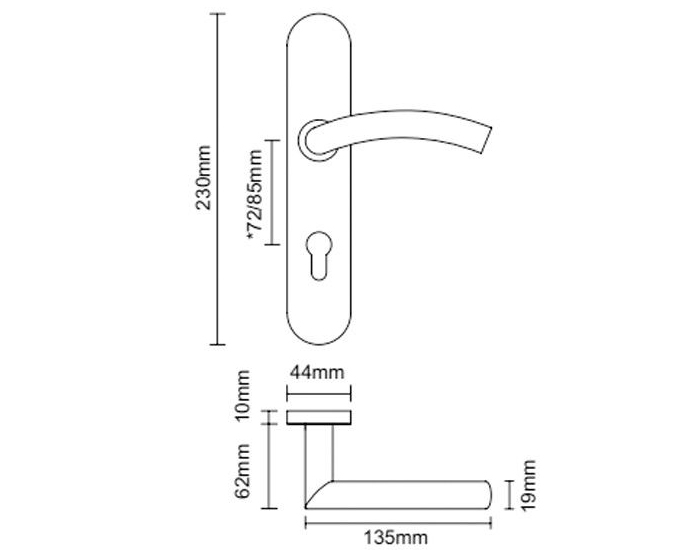 size of stainless steel door handle with backplate long size 230mm