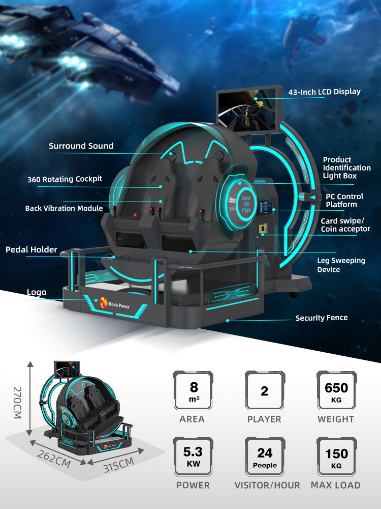 2 Seats 9d Roller Coaster Machines 360 Rotation Vr Cinema 360 Degree Flying Chairs Simulator