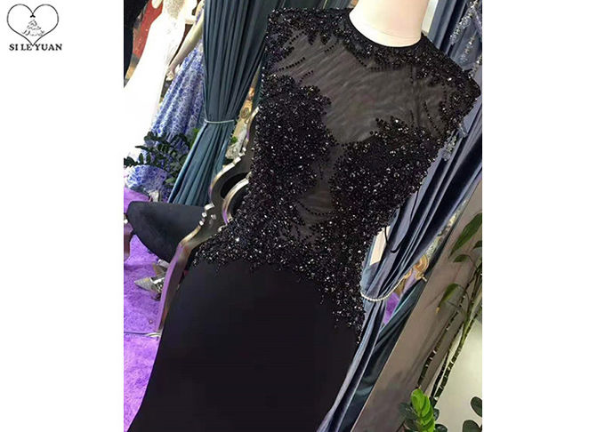 Sleeveless Sexy Black Mermaid Dress Perspective Top Heavy Beading Small Train