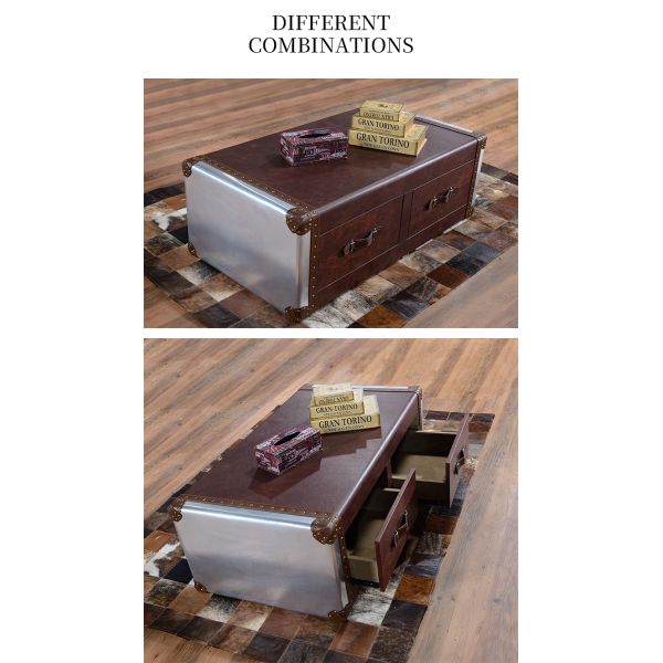 Nidea #8611 Red Wine Bar Coffee Table Personalized Hotel Reception Room Industrial Style Double Drawer Retro Aluminum Leather Rivets