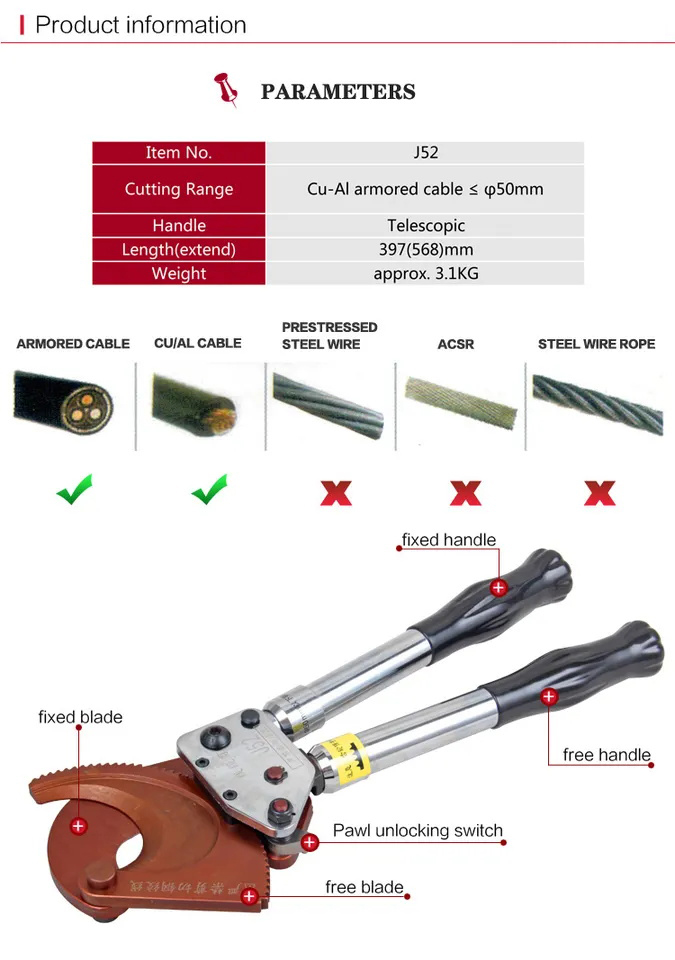 Customized Support 75mm Ratchet Aluminum Cable Cutter with Not Rated Jaw Surface