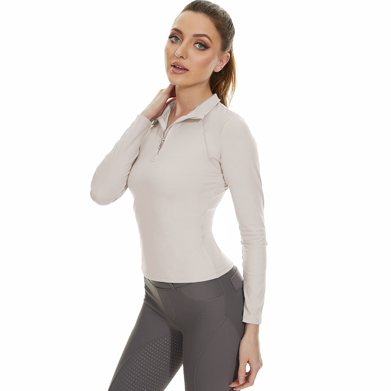 Zipper Gray Horse Riding Tops T Shirt 4 Way Stretchy Active Equestrian Clothing
