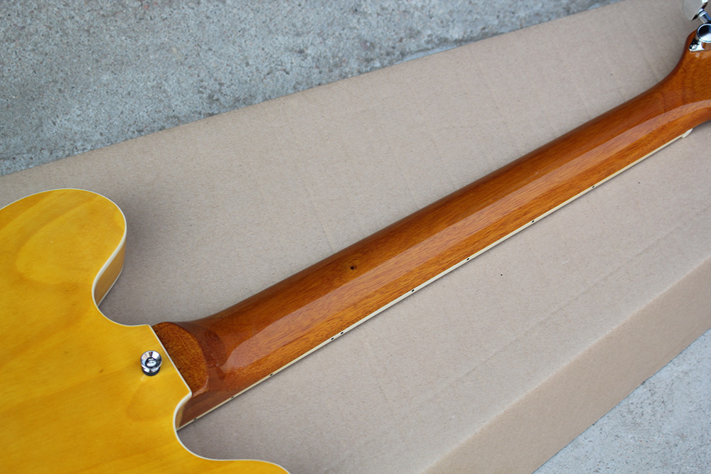 Custom Yellow Semi-hollow Body Electric Guitar with Flame Maple Veneer,Rosewood Fretboard