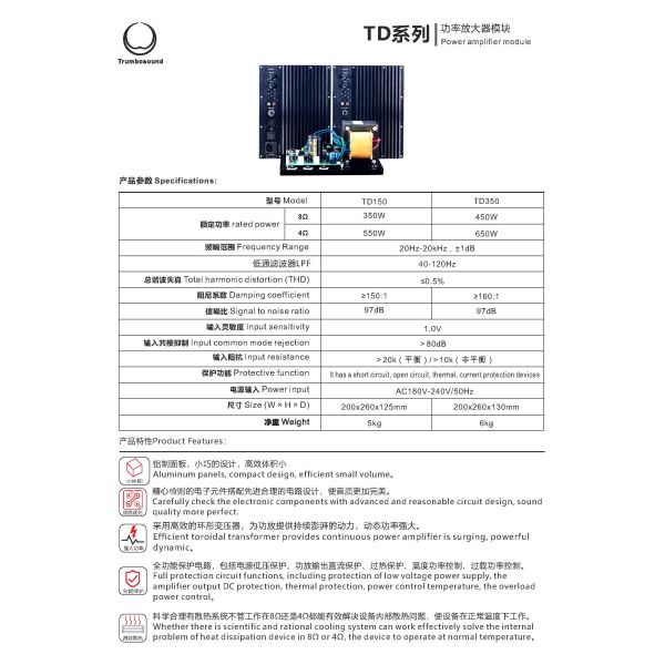 Mono amplifier board module class AB for active loudspeakers