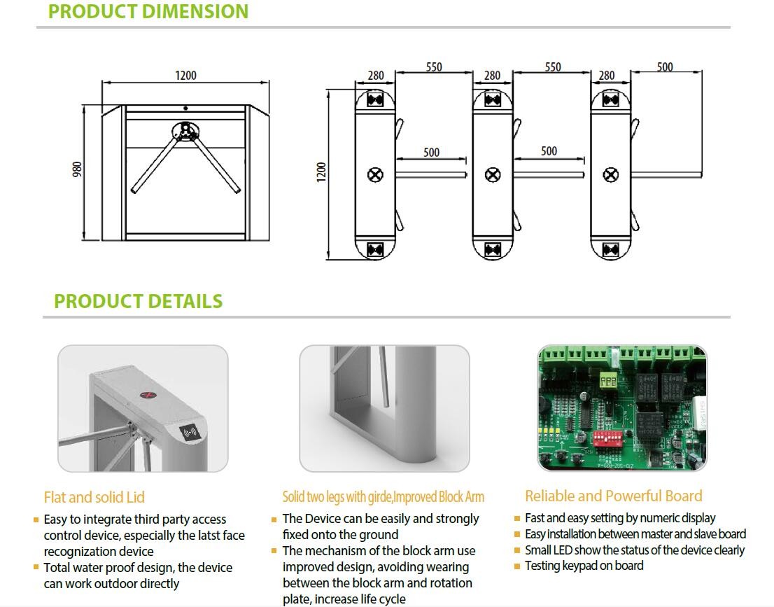 TR300 High Security Drop Arm Tripod Turnstile Outdoor 304 Stainless Steel