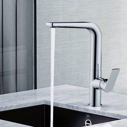 Convenient and Stylish Kitchen Faucet with Slender Columnar Body and Flat Square Handle