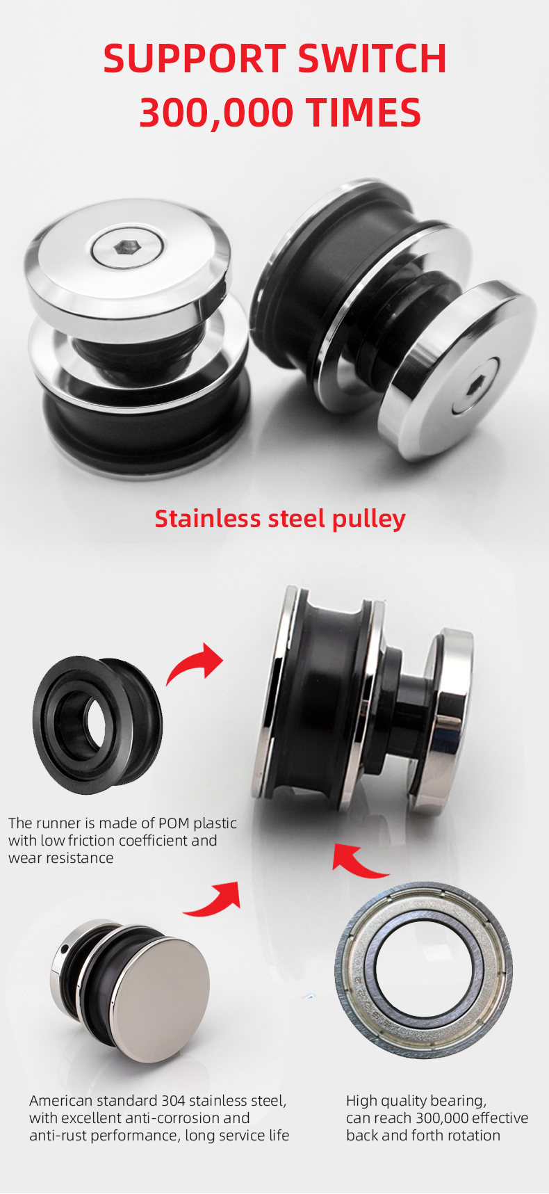 Double Door Stainless Steel 304 Glass Sliding Door Roller Hardware with Round Tray Shape